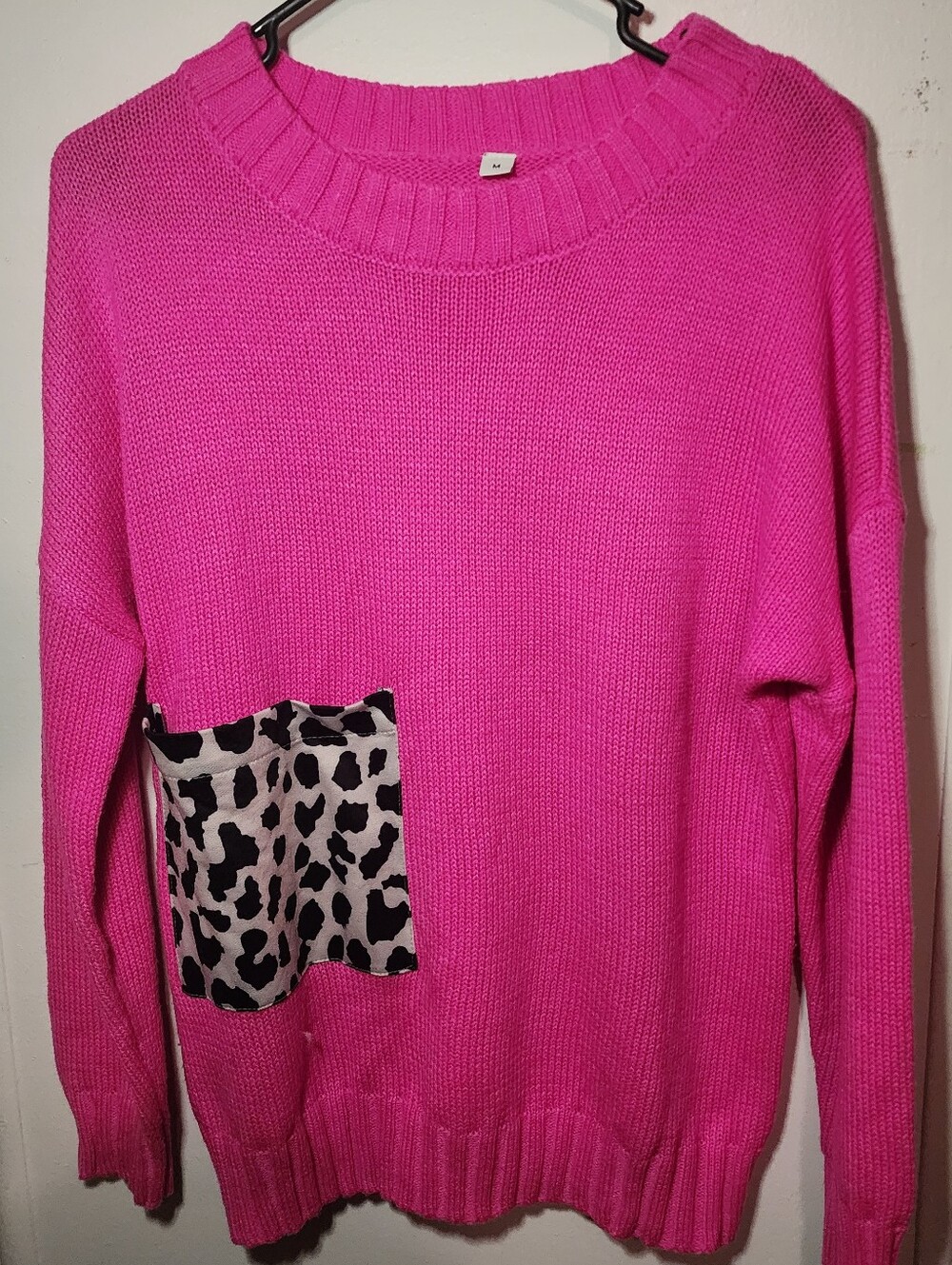 Oversized Bright Pink Leopard-Patch Crewneck Sweater